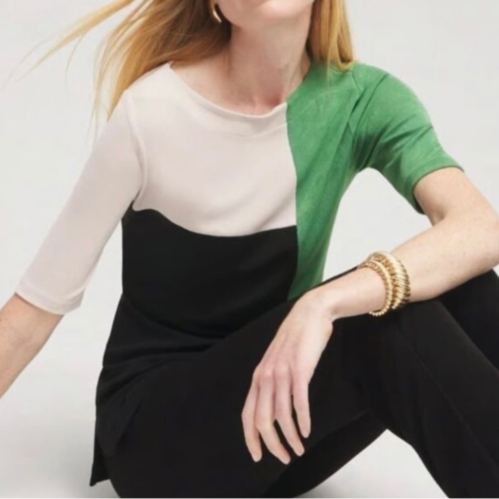 Chico's Beige Black Green Travelers Color Block Tunic Top